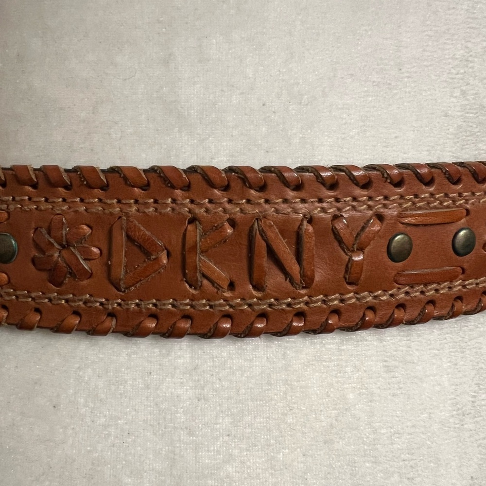 Vintage DKNY Western Leather Belt Whipstitch Boho Y2K Floral Buckle - Picture 7 of 10